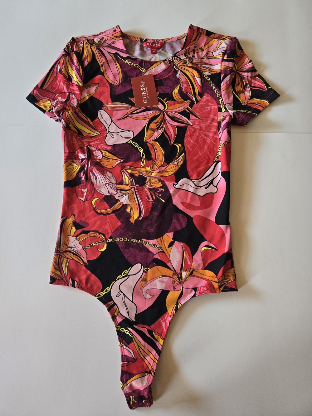Guess Bodysuit New Woman Floral Pink, Black & Orange